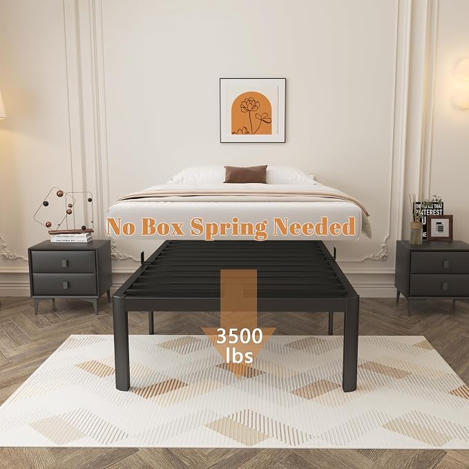 16 Inch Twin Bed Frames, Black Twin Metal Bed Frame with Anti-Slip Baffles, No Box Spring Needed, Heavy Duty Steel Platform Supprt, Rounded Corner Design, Storage Space, Noiseless