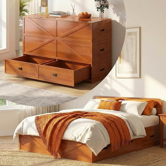 CECER 3-in-1 Full Murphy Bed with Mattress for Small Space -Maroon | Multi-Functional Desgin that Converts to Sofa Set，Bed and Cabinet，Easy Assemble ＆ Conversion