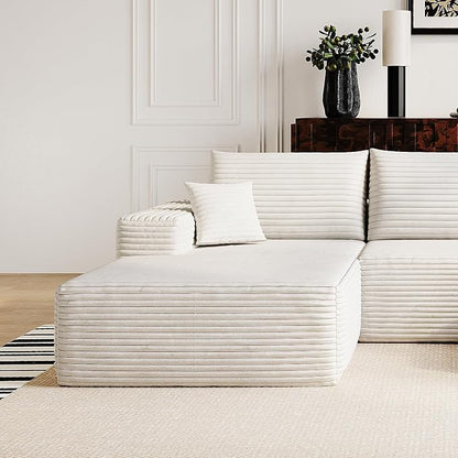 107" Corduroy Couch with Ottoman, Cloud Sectional U Shaped Sofa, Deep Seat Boneless Couches for Living Room Bedroom Apartment, Compressed Foam No Assembly Required, Left Facing Chaise, White