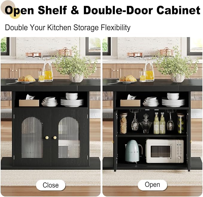 HSH Black Dining Table for 4 to 6, Modern Kitchen Dining Room Table with 3-Tier Storage Shelf and Acrylic Door Cabinet, Rectangular Wooden Dinner Tables for Home Kitchen Living Room, Black Oak，63 in