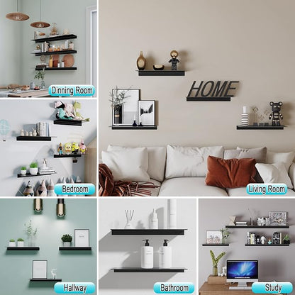 HNVNER Black Metal Wall Shelves, 15.7" (W), No Drilling, Adhesive Floating Wall Shelf for Living Room, Bedroom, Bathroom, Aluminium Shower Caddy (2 PCS)