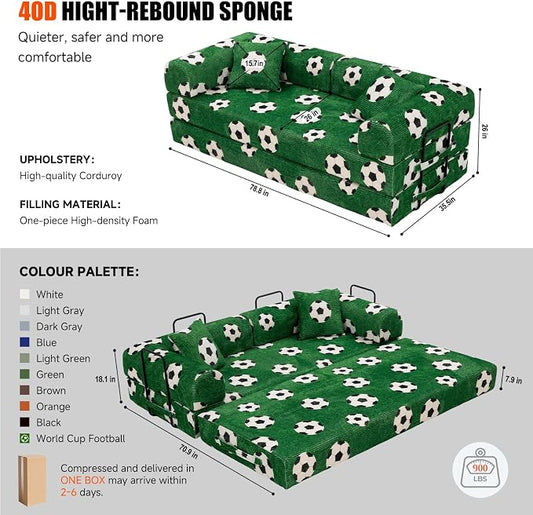 79" World Cup Soccer Sofa Bed, Green Soccer Ball Corduroy Convertible Couch, Foldable Sleeper Futon Floor Sofa for Game Day Watch Parties, Removable Machine-Washable Cover, 2 Pillows