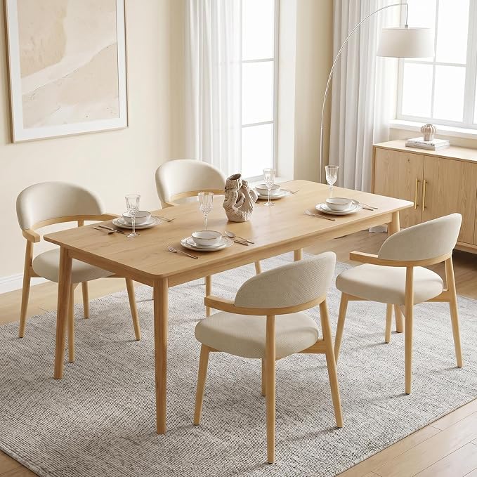 MOJAY Dining Chairs Set of 4 Natural Oak, Linen Beige with Curved Armrests