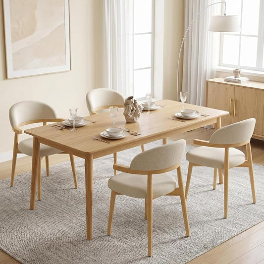 MOJAY Dining Chairs Set of 4 Natural Oak, Linen Beige with Curved Armrests