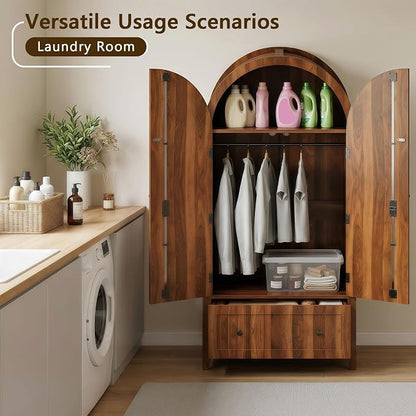 Einhomn Armoire Wardrobe Closet with Drawer & 2 Arched Doors, 70.3'' Tall Wood Closet Organizer with Hanging Rod & 3 Hooks, Large Storage Cabinet Freestanding Bedroom Admoires, Easy Assembly, Walnut