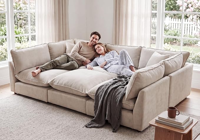 Iroomy Modular Sectional Sofa, Oversized Chenille Cloud Couch, Deep Comfy Seat, 6-Seater Sofas Couches for Living Room, Beige, High Feet