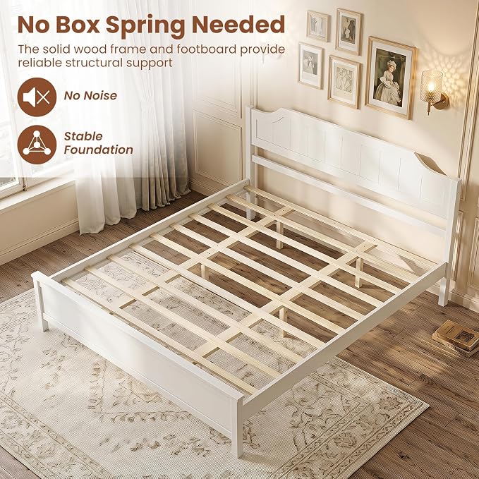Giantex King Size Wooden Bed Frame with Headboard, Wood Slat Support | Farmhouse Platform Bed with Heavy Duty Mattress Foundation, Under-Bed Storage, No Box Spring Needed, Easy Assembly (White)