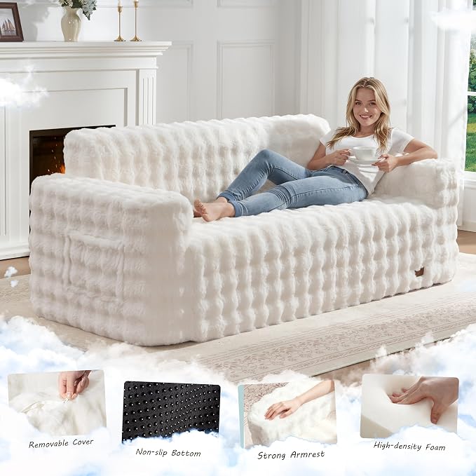ZurNesfure Sofa Couch Cloud 3-Seater Memory Foam Couch with Pillow No Assembly Required, Modern Couch with Removable Washable Cover Boneless Sofas for Living Room Bedroom Apartment (White,3-Seater)