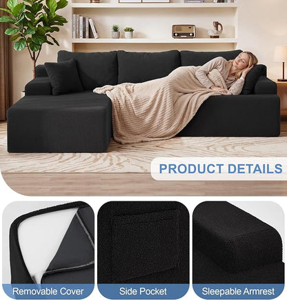 Hobestluk Modular Sectional Sofa Couches L-Shape Couch 3 Seat Modular Sofa Memory Foam Sectional Couches for Living Room, Cloud Couch with Oversized Chaise (Black Smooth, 96", Left Hand Facing)