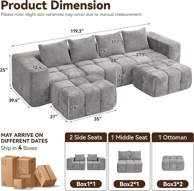 119" Boneless U-Shaped Sofa Couch with 2 Ottoman, 4 Seater Comfy Cloud Sectional Sofa with Deep Seat, Oversized Chenille Memory Foam Sectional Couches for Living Room Bedroom, Light Grey