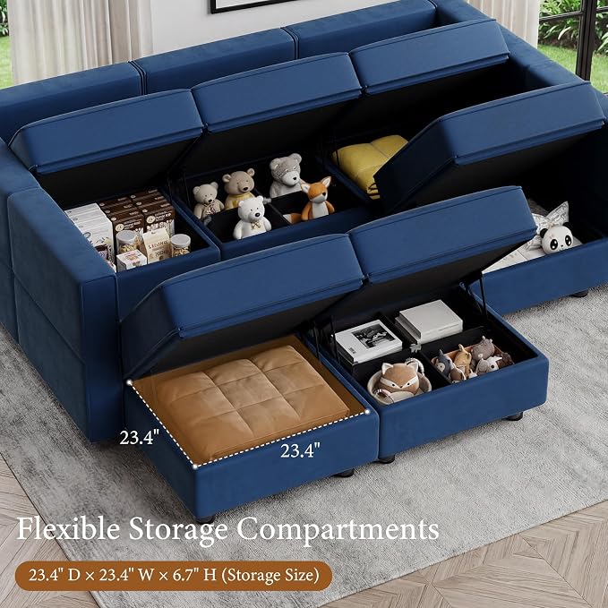 Vesgantti Sectional Couches with Storage Seats, 118" L Shaped Convertible Modular Sectional Sofa, 4 Seat & 1 Ottoman Velvet Storage Chaises Deep Seat Couch for Living Room, Bedroom, Apartment, Blue