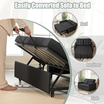 GOSUHI 52" Sleeper Sofa with Pull-Out Bed, 3-in-1 Convertible Sofa Bed, Set of Loveseat with Stepless Adjustable Backrest and Side Pocket, for Living Room Dorm Apartment, Linen, Black