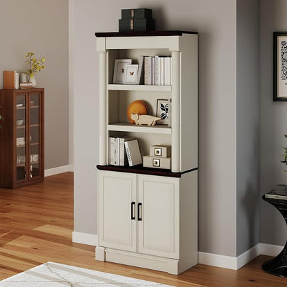 72" Roman Column Bookcase with Double Door Cabinet, 5 Tiers Tall Bookshelf Shelves Storage and Anti Tip Kit, Classic American European Modern Multi Style Design for Living Room Study Office, White