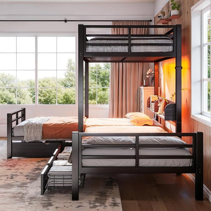 Bellemave L-Shape Triple Bunk Bed with 3 Storage Drawers and Shelves for 3,Metal Bunk Beds Twin Over Twin with Charging Station & LED Lights for Kids,Teens,Adults,Black