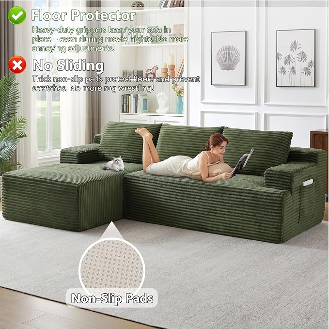 96" Modular Sectional Sofa, Modern Corduroy Cloud Couch, Boneless Couch Upholstered 3-Seater L-Shaped Sofa for Living Room, No Assembly Required (Green, Left-Facing Chaise)