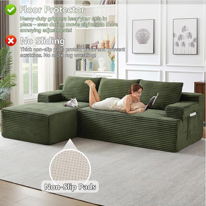 96" Modular Sectional Sofa, Modern Corduroy Cloud Couch, Boneless Couch Upholstered 3-Seater L-Shaped Sofa for Living Room, No Assembly Required (Green, Left-Facing Chaise)