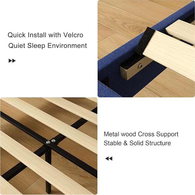 VECELO Full Size Upholstered Platform Bed Frame with Adjustable Headboard, Wood Slat Support and Noise-Free, No Box Spring Needed, Easy Assembly, Dark&Blue
