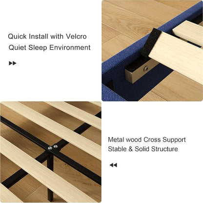 VECELO Queen Size Upholstered Platform Bed Frame with Adjustable Headboard, Wood Slat Support and Noise-Free, No Box Spring Needed, Easy Assembly, Dark&Blue