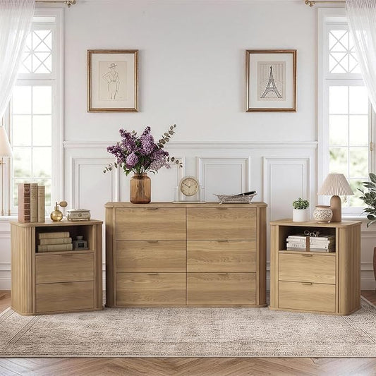 SoarFlash 3‑Piece Fluted Bedroom Furniture Set, 6‑Drawer Cabinet & 2‑Drawer Nightstands, French Modern Vintage Wood Storage Unit for Bedroom Entryway Hallway, Brown