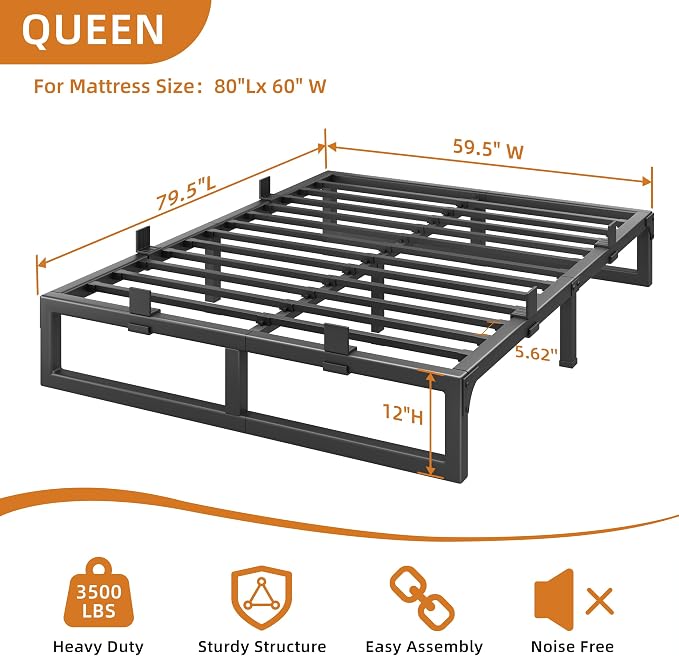 Queen Bed Frame, 12 Inch Metal Platform Bed Frames with Squeak Free U-Slot Design, 6 Non-Slip Guards, 3500lbs Heavy Duty Steel Slat Support, No Box Spring Needed, Under Bed Storage, Black