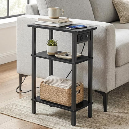 HOOBRO Narrow Side Table, 3-Tier Slim End Table with Charging Station, Skinny Nightstand with Open Storage, for Small Spaces, Living Room, Bedroom, Study, Rustic Brown and Black BB340UBZ01