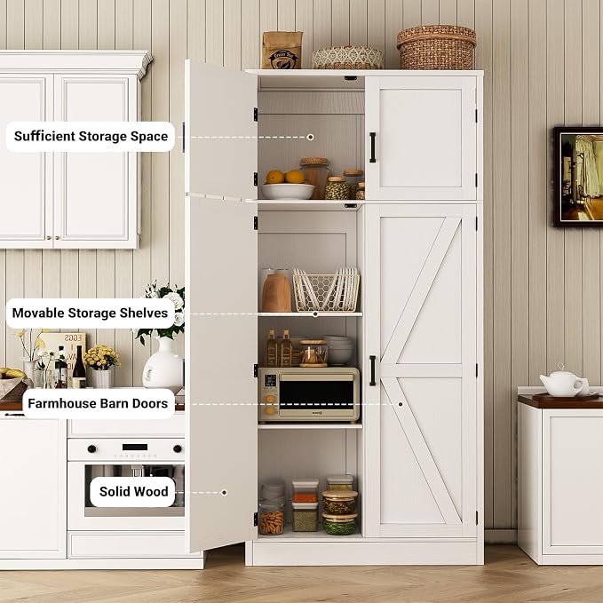 Unikito 71” Tall Storage Cabinet, Farmhouse Kitchen Pantry Cabinet with Adjustable Shelves and Barn Doors, Large Bathroom Storage Cabinet, Storage Cupboard for Dinning, Living Room, Office, 2 Pack
