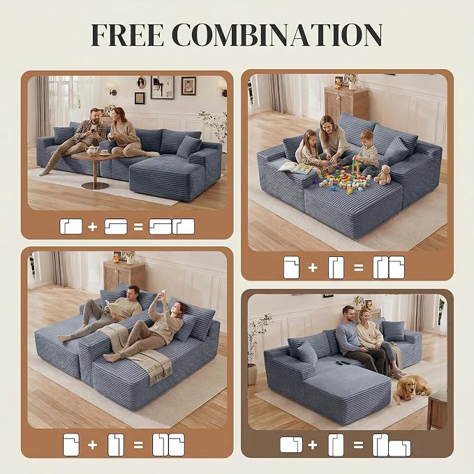 95" L Shaped Cloud Boneless Sectional Couches for Living Room, Modern Comfy Modular Deep Seat Memory Foam Compressed Corduroy Sofa Oversized Left Facing Chaise, No Assembly Required, Grey