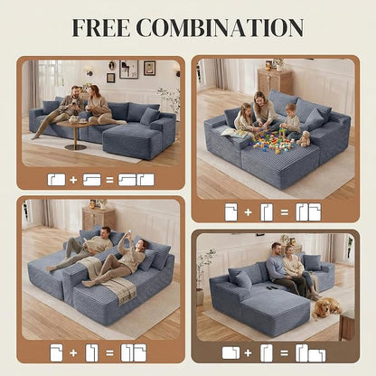95" L Shaped Cloud Boneless Sectional Couches for Living Room, Modern Comfy Modular Deep Seat Memory Foam Compressed Corduroy Sofa Oversized Left Facing Chaise, No Assembly Required, Grey