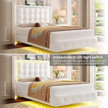 Keyluv Twin Floating Bed Frame with Storage Headboard, LED Lights & Charging Station Platform Bed, Soft Upholstered PU Leather, USB/Type-C Ports, Easy Assembly, White