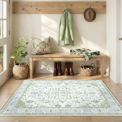 RELEANY Area Rugs 3'x4' Washable Non-Slip, Floral Vintage Distress Medallion Carpet for Living Room Bedroom Dining Room, Green White Blue