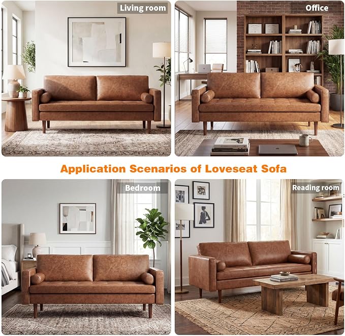 70" Mid-Century Modern Faux Leather Sofa, Comfortable Button Tufted Loveseat Couch with Bolster Pillows & Solid Wood Legs for Living Room, Apartment, Office, 1100lbs Capacity, Brown