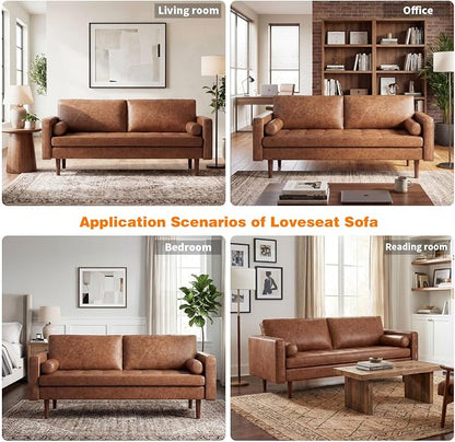 70" Mid-Century Modern Faux Leather Sofa, Comfortable Button Tufted Loveseat Couch with Bolster Pillows & Solid Wood Legs for Living Room, Apartment, Office, 1100lbs Capacity, Brown
