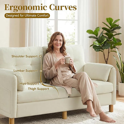 65" Loveseat Sofa, Mid Century Loveseat Couch for Living Room with Storage Pockets, Upholstered Small Loveseat for Small Spaces, Bedroom, Home Office, Apartments, Small Sofa Chenille Beige