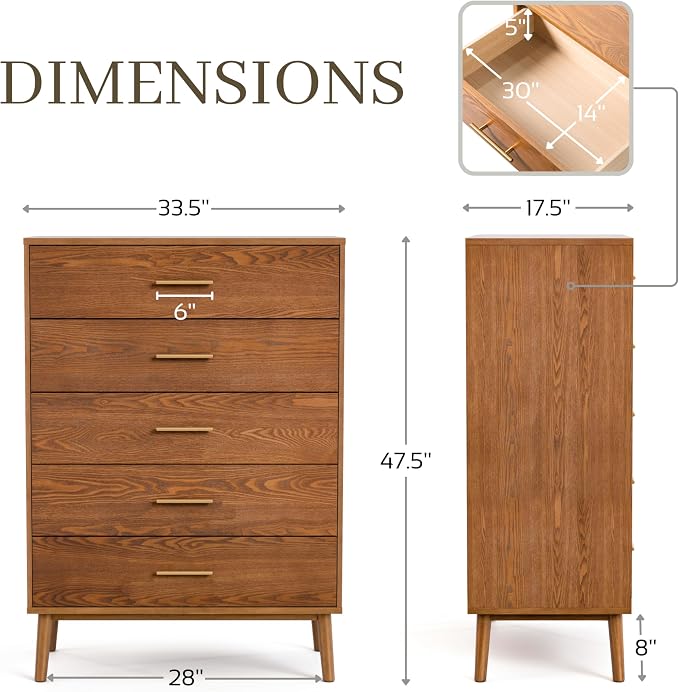 Furniture of America Wyatt Modern Solid Wood Bedroom Collection with Queen Bed Frame, Nightstands, Dresser with Mirror, Chest, No Box Spring Needed, Walnut, Standard Low Profile, 6-Piece Set