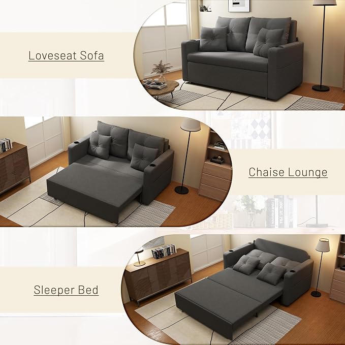 Krcix 3 in 1 Sofa Bed, 56 Inch Convertible Pull Out Couch, Loveseat Sleeper Sofa with Cup Holders, USB, Side Pockets, Multi-Function Couch Bed for Living Room, Apartment, Charcoal Grey
