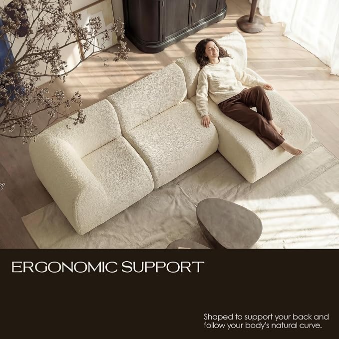 106" Curved Sectional Sofa with Chaise, Boneless 3 Seater Modular Couch, Reversible L-Shaped Couches with High-Density Foam, Modern Lounge Comfort Sherpa Sofas for Living Room – No Assembly, White
