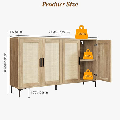 JASIWAY Buffet Cabinet with Storage, 48" Rattan Coffee Bar Cabinet Station | Accent Sideboard with Adjustable Shelves, Credenza for Dining Room, Kitchen, Living Room, Entryway, Anti-Tip, Wood