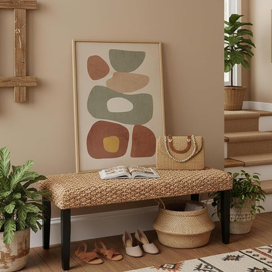 Solid Wood Acacia Indoor Bench with Natural Woven Seat, Boho Bench Entryway, Wood Bench for Living Room, Wooden Bench for Bedroom, Farmhouse Entryway Bench, Dining Benches (Black, Water Hyacinth)