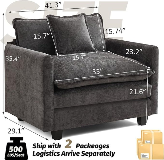 WUTUTUEE 41'' Modern Chenille Oversized Chair, Upholstered Accent Living Room Chair with Extra Thicked Deep Seat, Single Lounge Chair for Bedroom, Small Apartment, Dark Grey