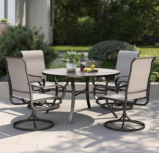 PHI VILLA Patio Dining Set for 4, Round Table & Swivel Mesh Chairs, Grey | 42'' Metal slat table with umbrella hole, E-coating metal frame & Textilene chairs, All-weather design for outdoor, deck