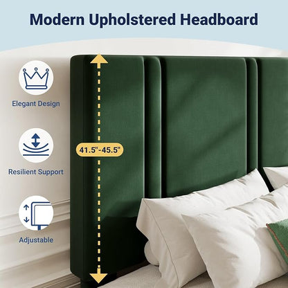 Allewie Queen Platform Bed Frame with Adjustable Headboard, Plush Velvet Upholstered, Vertical Channel Tufted, Sturdy Wooden Slats, No Box Spring Needed, Easy Assembly, Green