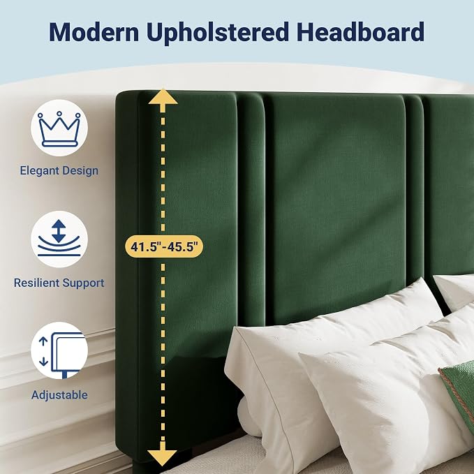 Allewie Full Size Platform Bed Frame with Adjustable Headboard, Plush Velvet Upholstered, Vertical Channel Tufted, Sturdy Wooden Slats, No Box Spring Needed, Easy Assembly, Green
