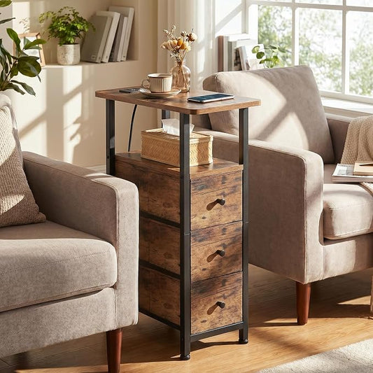 LOAKEKEL Narrow End Tables Living Room Set of 2 with Charging Station, Skinny Side Table with Fabric Drawers, Slim Nightstand for Bedroom, Small Spaces, Couch, Rustic Brown, HETNDP03PBR