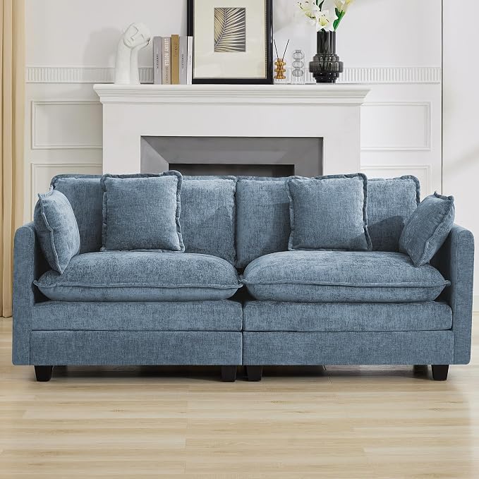 76" Cloud Loveseat Sofa, Modular Sectional Couch with Deep Seats and Double-Layer Thick Cushions, Chenille Upholstered 2-Seat Sofa for Living Room Apartment, Blue