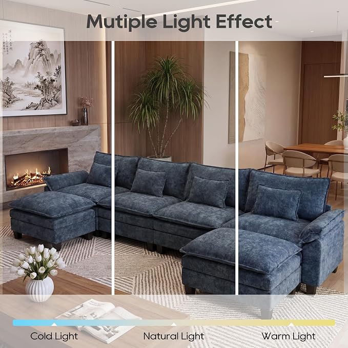 URRED Oversized Modular Sectional Sofa, 157" U Shaped Modern Comfy Cloud Couch with Movable Ottoman & Pillows, Deep Seat Couches for Living Room, Bedroom or Apartment (Chenille Blue, 157" U Shaped)