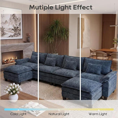 URRED Oversized Modular Sectional Sofa, 157" U Shaped Modern Comfy Cloud Couch with Movable Ottoman & Pillows, Deep Seat Couches for Living Room, Bedroom or Apartment (Chenille Blue, 157" U Shaped)