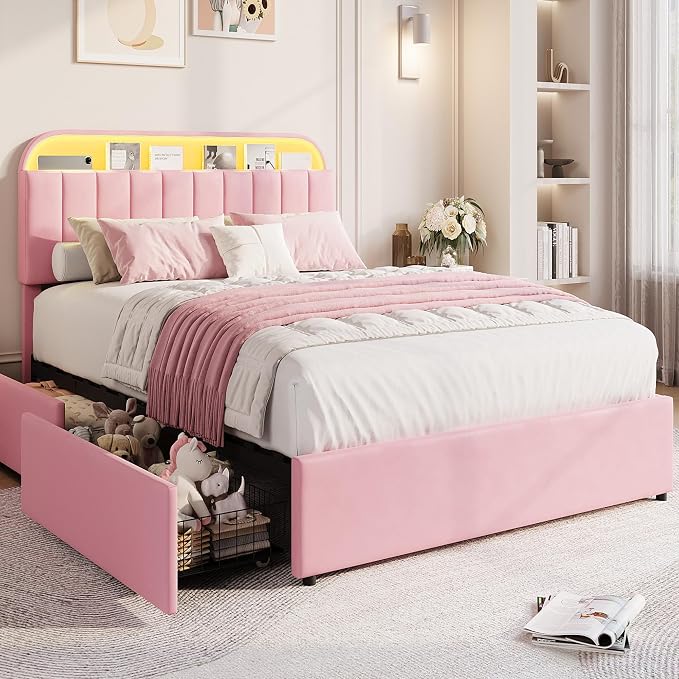 GarveeHome Full Bed Frame with Storage Headboard, Kids Bed Frame with 2 Drawers, Velvet Upholstered Platform Bed Frame with Lights, No Box Spring Needed, Easy Assembly, Velvet Pink