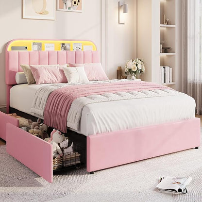 GarveeHome Queen Bed Frame with Storage Headboard, Kids Bed Frame with 2 Drawers, Velvet Upholstered Platform Bed Frame with Lights, No Box Spring Needed, Easy Assembly, Velvet Pink