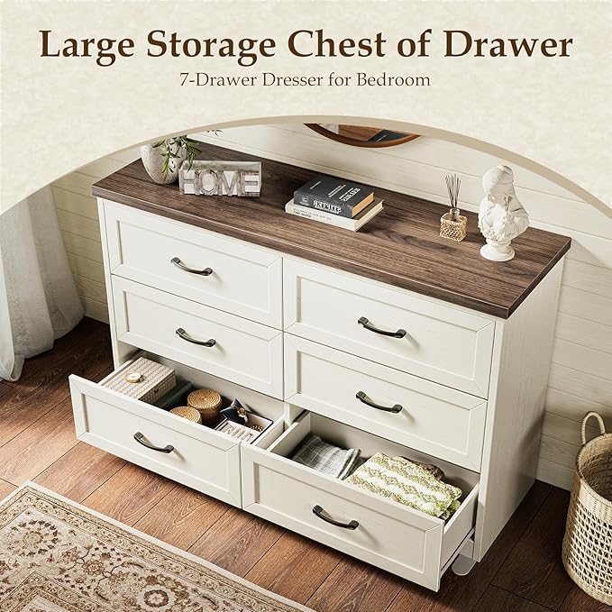 AODK Farmhouse 6 Drawer Dresser for Bedroom, 47” Wide Rustic Storage Dresser with Engineered Wood Frame, Anti-Tip Safety Chest, American Country Bedroom Furniture, Walnut & Vintage White
