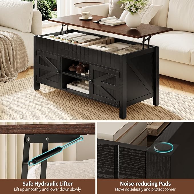 47.3" Lift Top Coffee Table with Storage - Black Coffee Tables for Living Room, Farmhouse Wood Center Table, Large Rectangle Middle Tables with Hidden Compartment & Adjustable Shelf